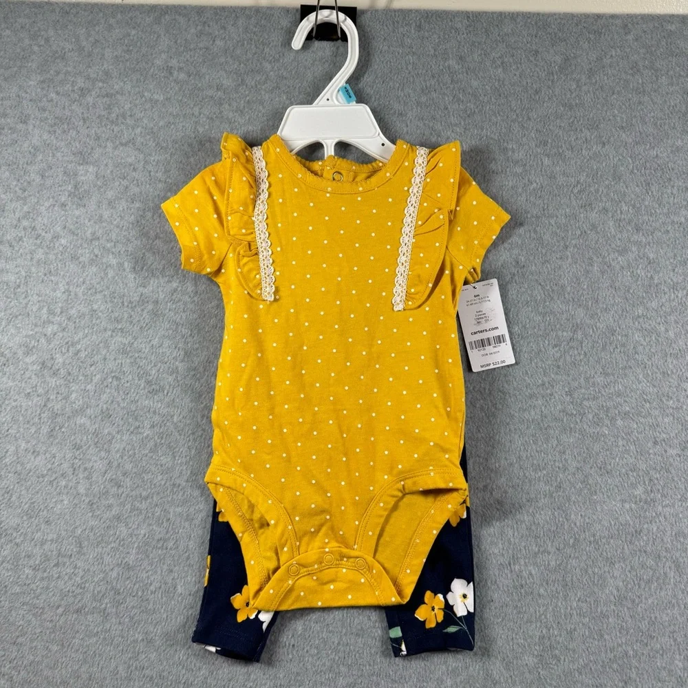 NWT Carter's Baby Girl's Bodysuit Yellow Polka Dot‎ Navy Floral Pants 6M Bundle